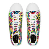 Colorful and vibrant Happy Vibes Rave Women's High Top Sneakers from Prism Raves, featuring a unique pattern perfect for standing out at festivals and expressing your rave spirit through fashion.