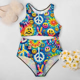 Harmony Rave Racerback High-Waist Bikini for Festival Fun - Comfortable, Supportive Two-Piece Swimwear Available in Regular and Plus Sizes, Perfect for Ravers and Festival-Goers.
