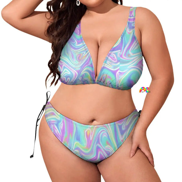 plus size two-piece bikini with adjustable straps on the side of bottoms, in an iridescent pastel blue and purple print sizes extra large to 4XL Hydro Plus Size Bikini - Cosplay Moon