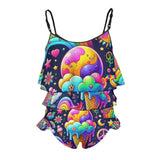 Discover the adorable Ice Cream Dream Girls Ruffle Swimsuit. Made from high-quality, comfortable fabric, this colorful and cute girls' swimsuit features playful ruffle details and a fun ice cream print. Perfect for summer beach outings, pool parties, and vacations. Ideal for parents searching for stylish and fun girls' swimwear with unique designs.