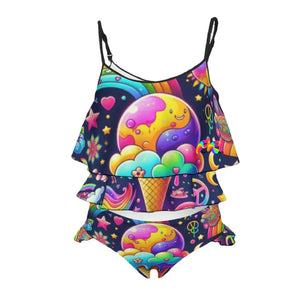 Discover the adorable Ice Cream Dream Girls Ruffle Swimsuit. Made from high-quality, comfortable fabric, this colorful and cute girls' swimsuit features playful ruffle details and a fun ice cream print. Perfect for summer beach outings, pool parties, and vacations. Ideal for parents searching for stylish and fun girls' swimwear with unique designs.