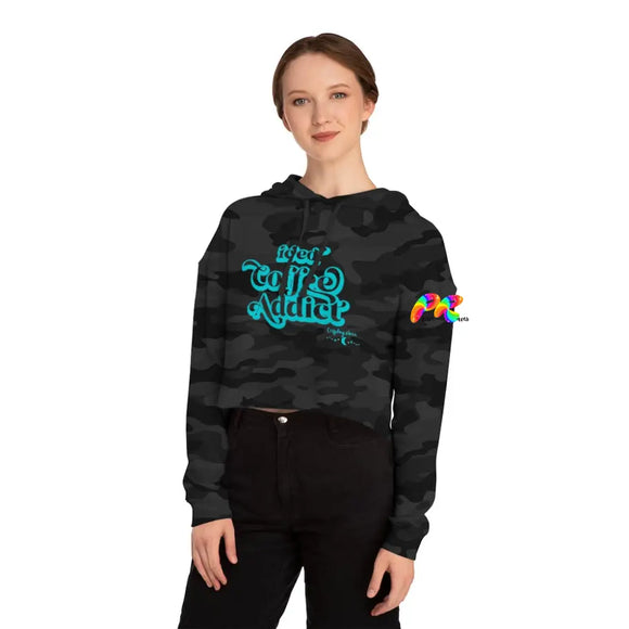 black camoflauge cropped hoodie with a flowy fit and says Iced Coffee Addict in Turquoise font sizes extra small to 2XL Iced Coffee Addict Women’s Cropped Hoodie - Cosplay Moon