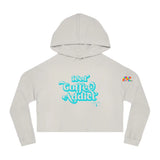 off white cropped hoodie with a flowy fit and says Iced Coffee Addict in Turquoise font sizes extra small to 2XL Iced Coffee Addict Women’s Cropped Hoodie - Cosplay Moon