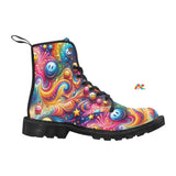 Joyful Whirls Women's Lace-Up Rave Canvas Boots from Prism Raves. These boots combine style and comfort, ideal for rave enthusiasts. Known as one of the best rave shoes, they are designed for both women and men, offering sizes to fit all. With a reputation as comfy and good rave shoes, they are among the most comfortable rave shoes available, ensuring you can dance all night without discomfort. Their unique design makes them a standout choice for any rave outfit.