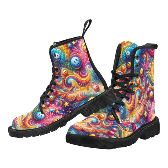 Joyful Whirls Women's Lace-Up Rave Canvas Boots from Prism Raves. These boots combine style and comfort, ideal for rave enthusiasts. Known as one of the best rave shoes, they are designed for both women and men, offering sizes to fit all. With a reputation as comfy and good rave shoes, they are among the most comfortable rave shoes available, ensuring you can dance all night without discomfort. Their unique design makes them a standout choice for any rave outfit.