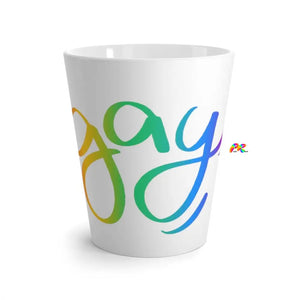 White Ceramic Latte Mug with "Gay" In Rainbow Cursive Font - Cosplay Moon
