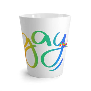 White Ceramic Latte Mug with "Gay" In Rainbow Cursive Font - Cosplay Moon