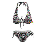 sizes extra large to 4XL Leopard plus size bikini with a white background and black leopard print with pastel colors in the center of each spot, adjustable ties on sides of bottoms Two Piece Plus Size Bikini - Cosplay Moon