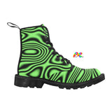 men's lace-up canvas rave boots with a pull tab, black soles, and black laces, black background with a swirl lime pattern, for raves and festivals comes in sizes 7 to 12 - cosplay moon