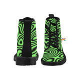 men's lace-up canvas rave boots with a pull tab, black soles, and black laces, black background with a swirl lime pattern, for raves and festivals comes in sizes 7 to 12 - cosplay moon