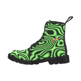 men's lace-up canvas rave boots with a pull tab, black soles, and black laces, black background with a swirl lime pattern, for raves and festivals comes in sizes 7 to 12 - cosplay moon