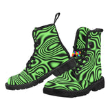 men's lace-up canvas rave boots with a pull tab, black soles, and black laces, black background with a swirl lime pattern, for raves and festivals comes in sizes 7 to 12 - cosplay moon