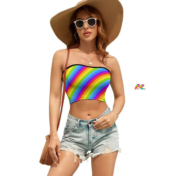 bandeau style crop top with black trim on top hem and a slanted rainbow pattern sizes small to 2XL 90% polyester+10% spandex Tube top Women's/Female Stretch Stays in place Pride apparel Lollipop Pride Tube Top - Cosplay Moon