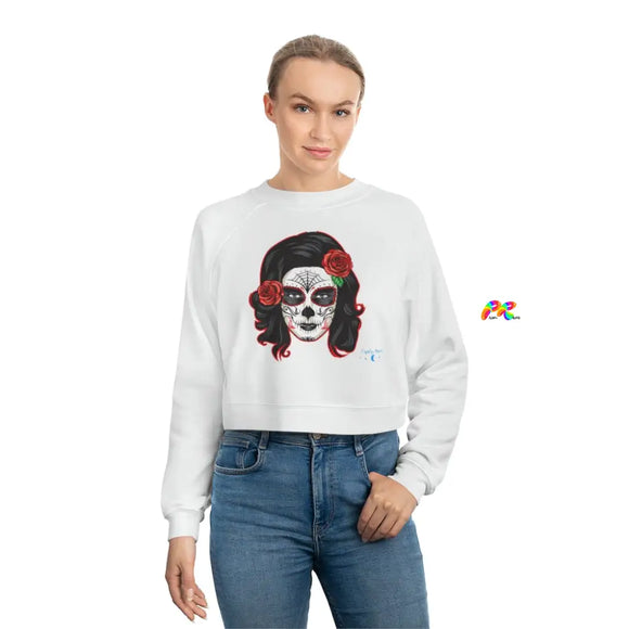 Cosplay Moon, White, Long Sleeved, Sugar Skull Woman, Women's, Cropped, Fleece, Pullover - Cosplay Moon