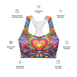 Love Dreamscape Longline Sports Bra from Prism Raves, available in multiple sizes. Featuring a unique, vibrant design with an artistic dreamscape pattern, this sports bra combines style and functionality. It's perfect for rave enthusiasts looking for comfortable and supportive festival wear."  For more details and to view size options, visit the product page on Prism Raves