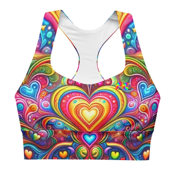 Love Dreamscape Longline Sports Bra from Prism Raves, available in multiple sizes. Featuring a unique, vibrant design with an artistic dreamscape pattern, this sports bra combines style and functionality. It's perfect for rave enthusiasts looking for comfortable and supportive festival wear.