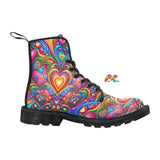 Love Dreamscape Women's Rave Boots in sizes US6.5 to US12, featuring a vibrant dreamscape pattern on high-quality canvas. These lace-up boots are designed with a black gum rubber sole for slip resistance, a comfortable mesh foamed lining, and a practical rear pull-loop, making them ideal for festival enthusiasts seeking both style and functionality