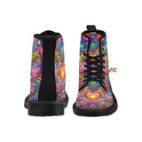 Love Dreamscape Women's Rave Boots in sizes US6.5 to US12, featuring a vibrant dreamscape pattern on high-quality canvas. These lace-up boots are designed with a black gum rubber sole for slip resistance, a comfortable mesh foamed lining, and a practical rear pull-loop, making them ideal for festival enthusiasts seeking both style and functionality