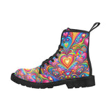 Love Dreamscape Women's Rave Boots in sizes US6.5 to US12, featuring a vibrant dreamscape pattern on high-quality canvas. These lace-up boots are designed with a black gum rubber sole for slip resistance, a comfortable mesh foamed lining, and a practical rear pull-loop, making them ideal for festival enthusiasts seeking both style and functionality