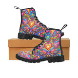 Love Dreamscape Women's Rave Boots in sizes US6.5 to US12, featuring a vibrant dreamscape pattern on high-quality canvas. These lace-up boots are designed with a black gum rubber sole for slip resistance, a comfortable mesh foamed lining, and a practical rear pull-loop, making them ideal for festival enthusiasts seeking both style and functionality