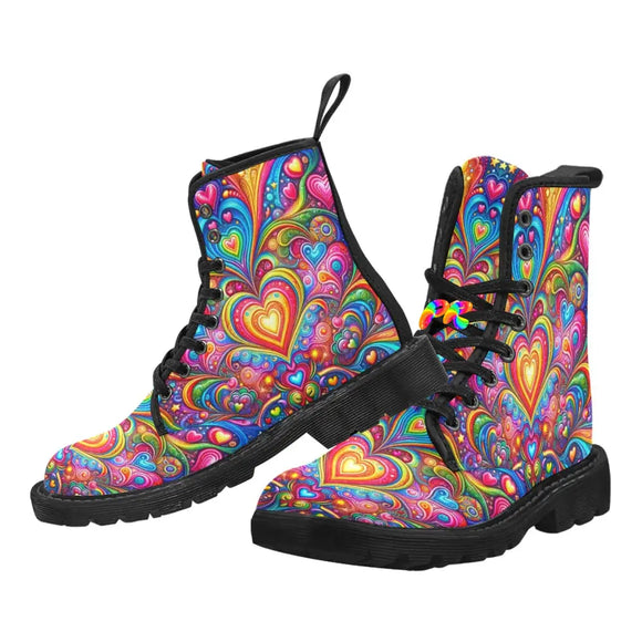 Love Dreamscape Women's Rave Boots in sizes US6.5 to US12, featuring a vibrant dreamscape pattern on high-quality canvas. These lace-up boots are designed with a black gum rubber sole for slip resistance, a comfortable mesh foamed lining, and a practical rear pull-loop, making them ideal for festival enthusiasts seeking both style and functionality