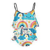 Magical Dreams girls' one-piece ruffle swimsuit featuring a colorful unicorn design, charming ruffles, and adjustable straps, available in various sizes, perfect for fantasy-themed swimwear and poolside fun.