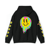 black hoodie, rave, melting smiley, edm, heavy cotton/poly, smileys down arm, small to 5XL - Cosplay Moon