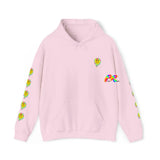 light pink hoodie, rave, melting smiley, edm, heavy cotton/poly, smileys down arm, small to 5XL - Cosplay Moon