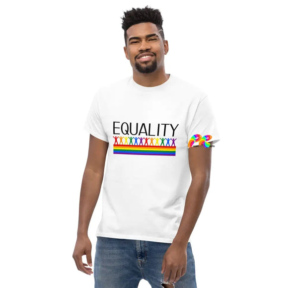 Men's Equality T-Shirt from Prism Raves, featuring a bold and vibrant equality design. This pride shirt for men is a short-sleeve, comfortable and stylish statement piece, available in various sizes to fit all. Perfect for showing support and pride in any setting.