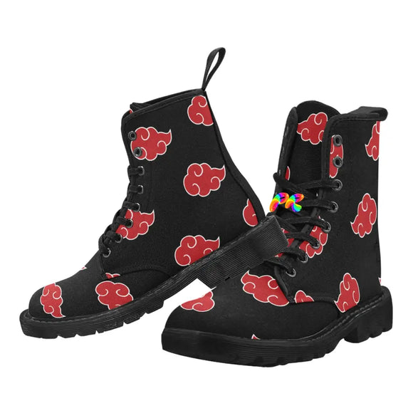 black rave boots, men's festival boots, naruto red clouds, black soles, lace-up, pull-tab, sizes 7 to 12 Men's Naruto Lace-up Canvas Rave Boots - Cosplay Moon
