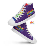 Men's, Pride/LGBTQ, Purple, High Top, Canvas Shoes, rainbow tongue, white lace-up, converse style shoes, love with pride hearts on the side, sizes 5 to 13 - cosplay moon