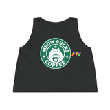 sleeveless crew neck, flowy crop top with a cat in a starbucks look-a-like log holding a coffee cup sizes extra small to extra large MeowCat Women's Sleeveless Cropped Tank Top - Cosplay Moon