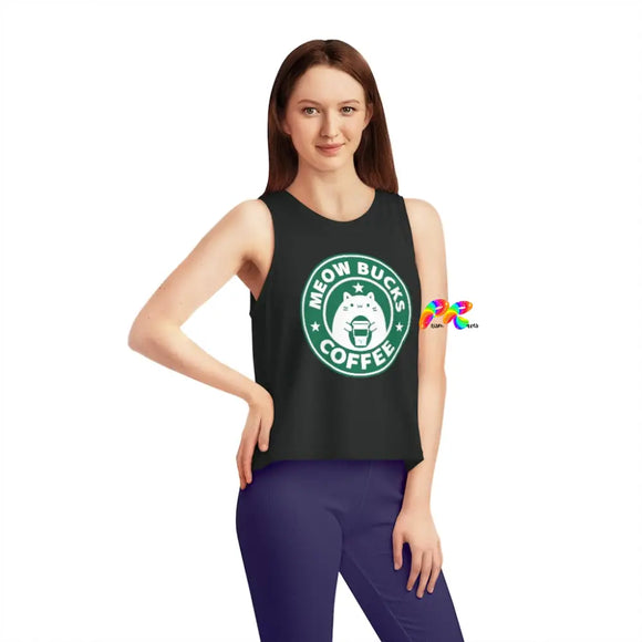 sleeveless crew neck, flowy crop top with a cat in a starbucks look-a-like log holding a coffee cup sizes extra small to extra large  MeowCat Women's Sleeveless Cropped Tank Top - Cosplay Moon