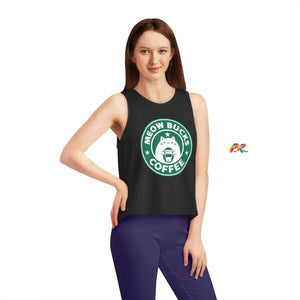 sleeveless crew neck, flowy crop top with a cat in a starbucks look-a-like log holding a coffee cup sizes extra small to extra large  MeowCat Women's Sleeveless Cropped Tank Top - Cosplay Moon