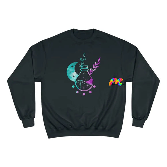 black champion sweatshirt with purple and turquoise potions bottle and crescent moon, sizes small to 2XL