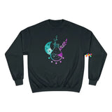 black champion sweatshirt with purple and turquoise potions bottle and crescent moon, sizes small to 2XL