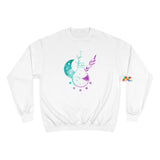 white champion sweatshirt with purple and turquoise potions bottle and crescent moon, sizes small to 2XL