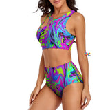 two-piece festival swimsuit with a psychedelic colorful pattern that looks like moving waves sizes small to 2XL 86% polyester+14% spandex Two-piece Split Bikini Top High-waist Rave Swimsuit Women's/Female Motion Bikini Split Top - Cosplay Moon