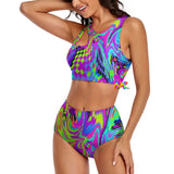 two-piece festival swimsuit with a psychedelic colorful pattern that looks like moving waves sizes small to 2XL 86% polyester+14% spandex Two-piece Split Bikini Top High-waist Rave Swimsuit Women's/Female Motion Bikini Split Top - Cosplay Moon