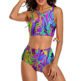 two-piece festival swimsuit with a psychedelic colorful pattern that looks like moving waves sizes small to 2XL 86% polyester+14% spandex Two-piece Split Bikini Top High-waist Rave Swimsuit Women's/Female Motion Bikini Split Top - Cosplay Moon