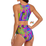 two-piece festival swimsuit with a psychedelic colorful pattern that looks like moving waves sizes small to 2XL 86% polyester+14% spandex Two-piece Split Bikini Top High-waist Rave Swimsuit Women's/Female Motion Bikini Split Top - Cosplay Moon