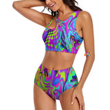 two-piece festival swimsuit with a psychedelic colorful pattern that looks like moving waves sizes small to 2XL 86% polyester+14% spandex Two-piece Split Bikini Top High-waist Rave Swimsuit Women's/Female Motion Bikini Split Top - Cosplay Moon