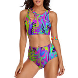 two-piece festival swimsuit with a psychedelic colorful pattern that looks like moving waves sizes small to 2XL 86% polyester+14% spandex Two-piece Split Bikini Top High-waist Rave Swimsuit Women's/Female Motion Bikini Split Top - Cosplay Moon