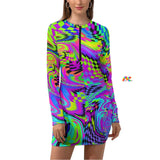 this dress has a 3/4 zip from the neck and is a slim fit with a psychedelic motion pattern in blue, purple, lime and neon yellow with long sleeves and a crew neck, mini dress, sizes extra small to 2XL Motion Long Sleeve Bodycon Rave Dress - Cosplay Moon