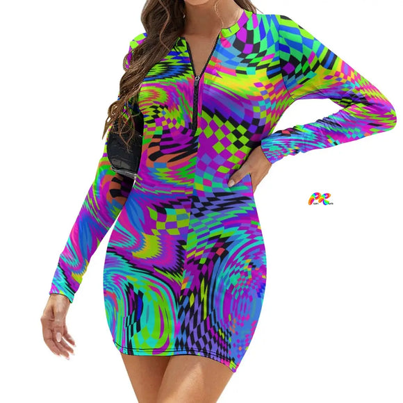 this dress has a 3/4 zip from the neck and is a slim fit with a psychedelic motion pattern in blue, purple, lime and neon yellow with long sleeves and a crew neck, mini dress, sizes extra small to 2XL Motion Long Sleeve Bodycon Rave Dress - Cosplay Moon