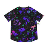 Men's rave baseball jersey with a black background and blue mushroom patter, button-up with black buttons and trim, comes in extra small to 2XL - Cosplay Moon