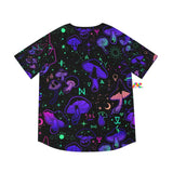 Men's rave baseball jersey with a black background and blue mushroom patter, button-up with black buttons and trim, comes in extra small to 2XL - Cosplay Moon