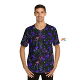 Mushroom Cult MenMen's rave baseball jersey with a black background and blue mushroom patter, button-up with black buttons and trim, comes in extra small to 2XL - Cosplay Moon's Rave Baseball Jersey - Cosplay Moon