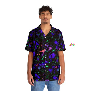 mens hawaiian shirt, black background with purple and blue psychedelic mushroom pattern, button up, sizes small to 5XL