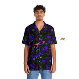 mens hawaiian shirt, black background with purple and blue psychedelic mushroom pattern, button up, sizes small to 5XL